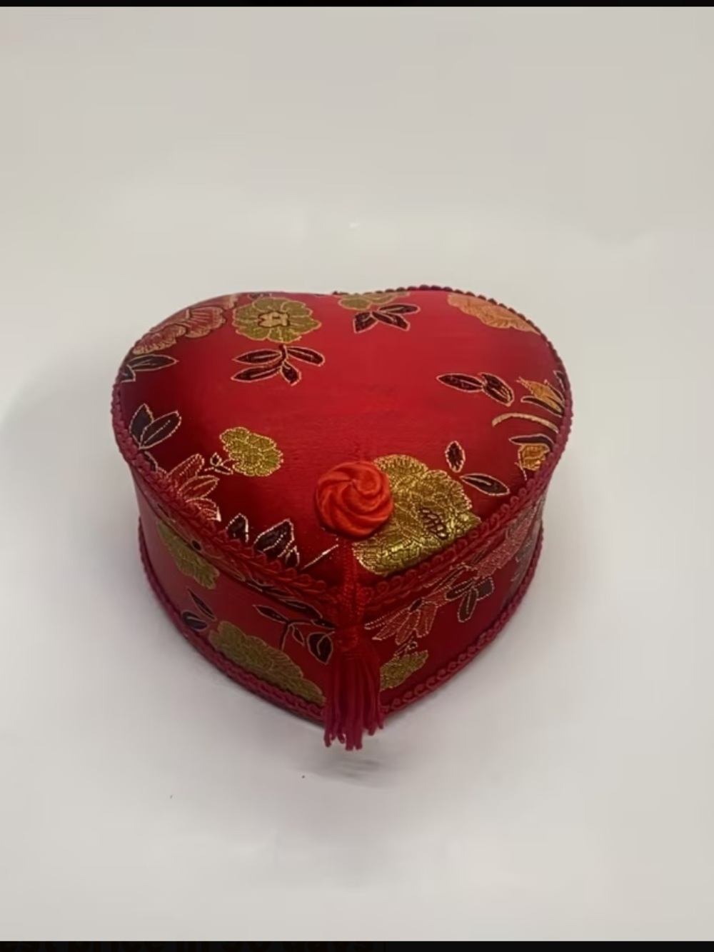 Asian silky w/tassel Heart-Shaped Floral Jewelry, trinket Box.